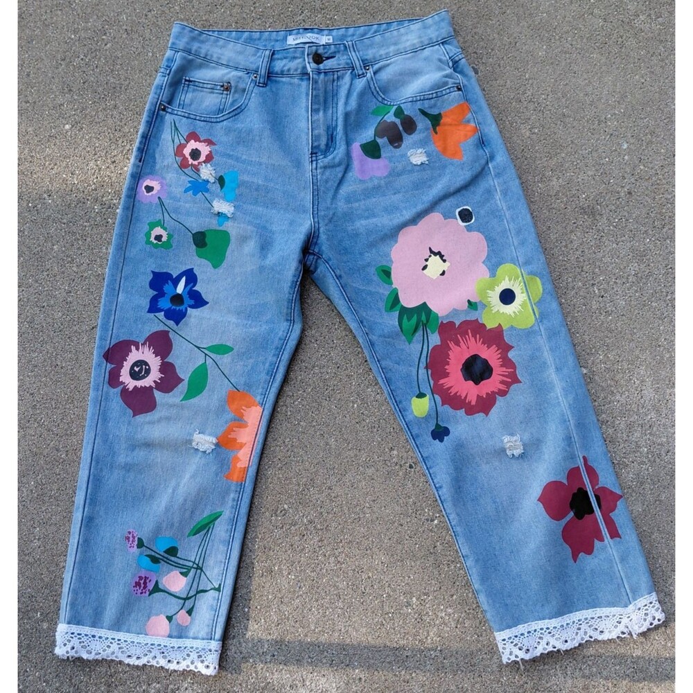 Misslook Jeans Womens M Blue Floral Print Denim Straight Distressed Lace Trim